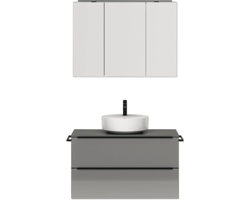 Badmöbel-Set NOBILIA Programm 3 BxHxT 101 x 169,1 x 48,7 cm Frontfarbe grau hochglanz mit Aufsatz-Waschtisch und Spiegelschrank 3-türig mit LED-Beleuchtung Griffleiste schwarz 453 Badmöbel-Set NOBILIA Programm 3 BxHxT 101 x 169,1 x 48,7 cm Frontfarbe grau hochglanz mit Aufsatz-Waschtisch und Spiegelschrank 3-türig mit LED-Beleuchtung Griffleiste schwarz 453