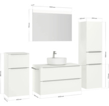 Badezimmer Set mit Waschtischunterschrank, Aufsatzwaschbecken, Spiegelschrank und Hochschrank mit Maßangaben