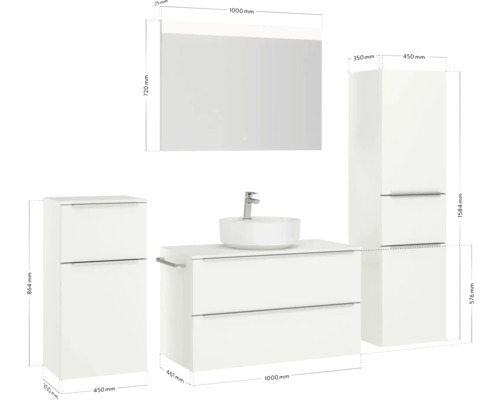 Badezimmer Set mit Waschtischunterschrank, Aufsatzwaschbecken, Spiegelschrank und Hochschrank mit Maßangaben