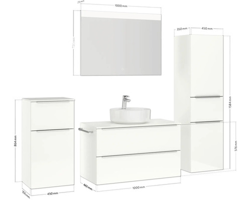 Badezimmer-Set mit Waschtischunterschrank, Aufsatzwaschbecken, Spiegelschrank und Hochschrank mit Maßangaben