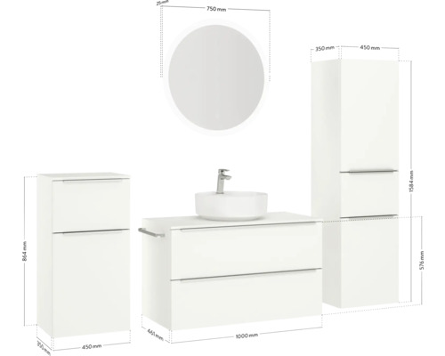 Badezimmerset mit Waschtisch, Aufsatzwaschbecken, Spiegelschrank und Seitenschrank mit Maßangaben