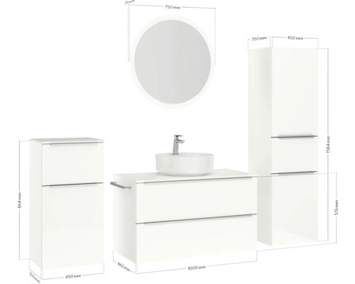 Badezimmerensemble mit Waschtisch, Spiegel und Hochschrank