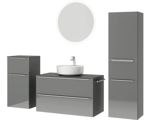 Badezimmerensemble mit Waschtisch, Aufsatzwaschbecken, Spiegelschrank und Hochschrank