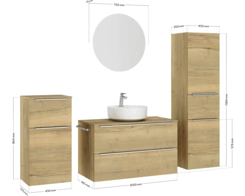Badezimmer-Set mit Waschtisch, Aufsatzwaschbecken, Spiegelschrank und Hochschrank
