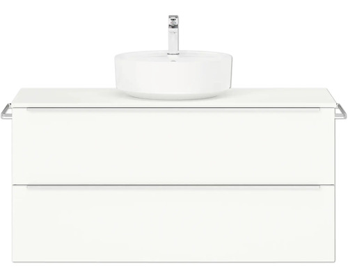 Badmöbel-Set NOBILIA Programm 3 BxHxT 121 x 59,1 x 48,7 cm Frontfarbe weiß matt mit Aufsatz-Waschtisch Griffleiste chrom matt 488 Waschtisch mit Aufsatzwaschbecken und zwei Schubladen