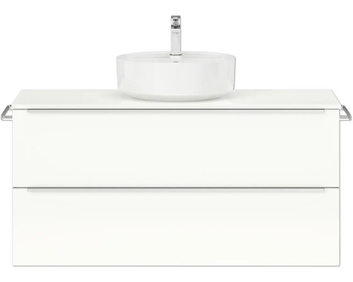 Badmöbel-Set NOBILIA Programm 3 BxHxT 121 x 59,1 x 48,7 cm Frontfarbe weiß hochglanz mit Aufsatz-Waschtisch Griffleiste chrom matt 4490 Waschtisch mit Aufsatzwaschbecken und zwei Schubladen