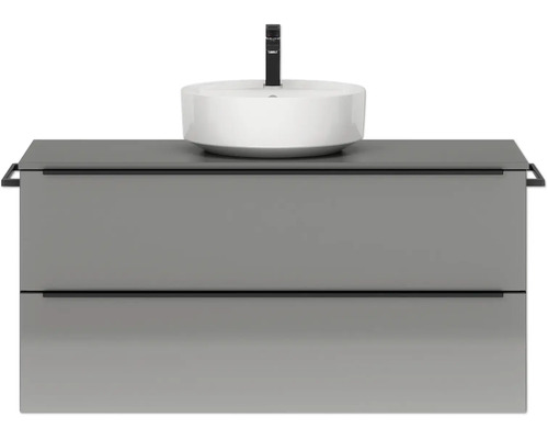Badmöbel-Set NOBILIA Programm 3 BxHxT 121 x 59,1 x 48,7 cm Frontfarbe grau hochglanz mit Aufsatz-Waschbecken Griffleiste schwarz 493