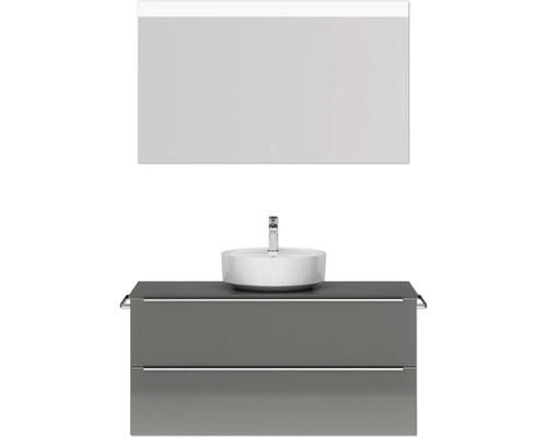 Badmöbel-Set NOBILIA Programm 3 BxHxT 121 x 169,1 x 48,7 cm Frontfarbe grau hochglanz mit Aufsatz-Waschtisch weiß und Spiegel mit LED-Beleuchtung Griffleiste chrom matt 500