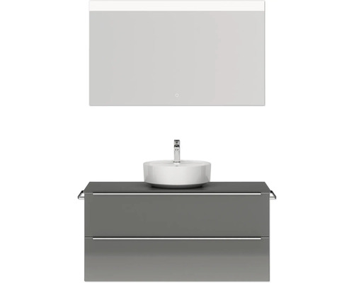 Badmöbel-Set NOBILIA Programm 3 BxHxT 121 x 169,1 x 48,7 cm Frontfarbe grau hochglanz mit Aufsatz-Waschtisch weiß und Spiegel mit LED-Beleuchtung Griffleiste chrom matt 500 Waschtischkombination mit Aufsatzwaschbecken und beleuchtetem Spiegel für das Badezimmer