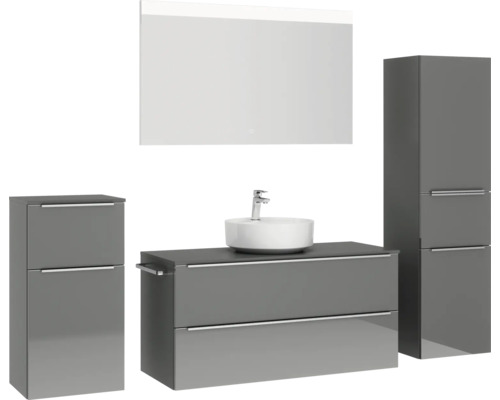 Modernes Badezimmer-Set mit Waschtisch, Aufsatzwaschbecken, Spiegelschrank und Hochschränken