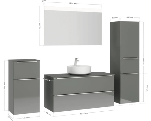 Komplette Badezimmereinrichtung mit Waschtisch, Waschbecken, Spiegelschrank und Hochschrank