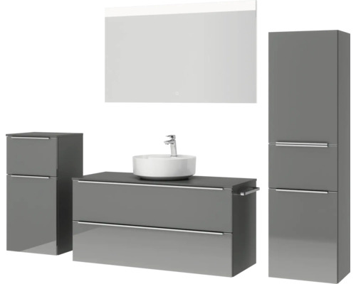 Graues Badezimmer-Set mit Waschtisch, Waschbecken, Spiegelschrank und Hochschrank