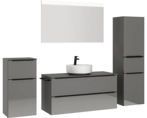Badezimmerensemble mit Waschtisch, Unterschrank, Seitenschrank und Spiegel