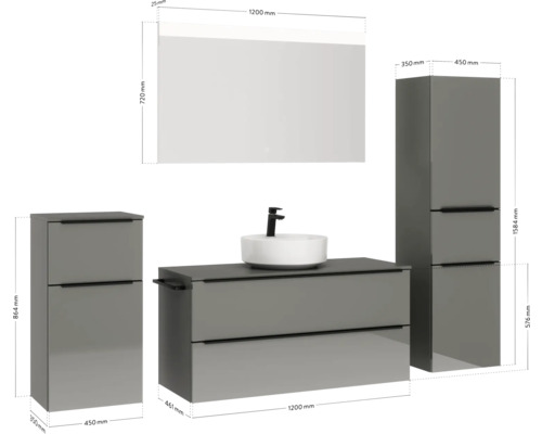 Badezimmerset mit Waschtischunterschrank, Waschbecken, Spiegelschrank und Hochschränken mit Maßangaben
