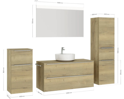 Badezimmerset mit Waschtisch, Spiegelschrank und Hochschränken in Holzoptik
