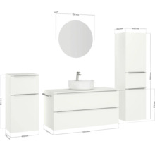 Badezimmerensemble mit Waschtischunterschrank, Waschtisch, Spiegelschrank und Hochschrank