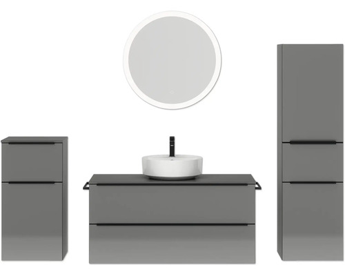 Badmöbel-Set NOBILIA Programm 3 BxHxT 230 x 169,1 x 48,7 cm Frontfarbe grau hochglanz mit Aufsatz-Waschtisch weiß und Spiegel rund mit LED-Beleuchtung Midischrank Unterschrank Griffleiste schwarz 541 Modernes Badezimmer-Set mit Waschtischunterschrank, Aufsatzwaschbecken, Spiegel und Hochschränken