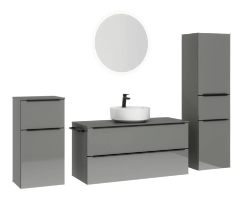 Modernes Badezimmer-Set mit Waschtisch, Aufsatzwaschbecken, Spiegelschrank und Hochschrank