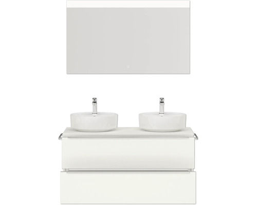 Doppel-Badmöbel-Set NOBILIA Programm 3 BxHxT 121 x 169,1 x 48,7 cm Frontfarbe weiß matt mit Aufsatz-Waschtisch weiß Spiegel mit LED-Beleuchtung Griffleiste chrom matt 552