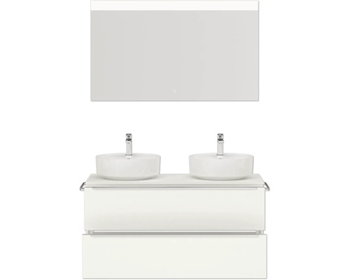 Doppel-Badmöbel-Set NOBILIA Programm 3 BxHxT 121 x 169,1 x 48,7 cm Frontfarbe weiß matt mit Aufsatz-Waschtisch weiß Spiegel mit LED-Beleuchtung Griffleiste chrom matt 552 Waschtisch mit zwei Waschbecken, Unterschrank und Spiegel für das Badezimmer