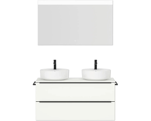 Doppel-Badmöbel-Set NOBILIA Programm 3 BxHxT 121 x 169,1 x 48,7 cm Frontfarbe weiß matt mit Aufsatz-Waschtisch weiß und Spiegel mit LED-Beleuchtung Griffleiste schwarz