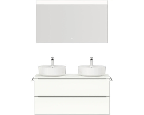 Doppel-Badmöbel-Set NOBILIA Programm 3 BxHxT 121 x 169,1 x 48,7 cm Frontfarbe weiß hochglanz mit Aufsatz-Waschtisch weiß Spiegel mit LED-Beleuchtung Griffleiste chrom matt 554