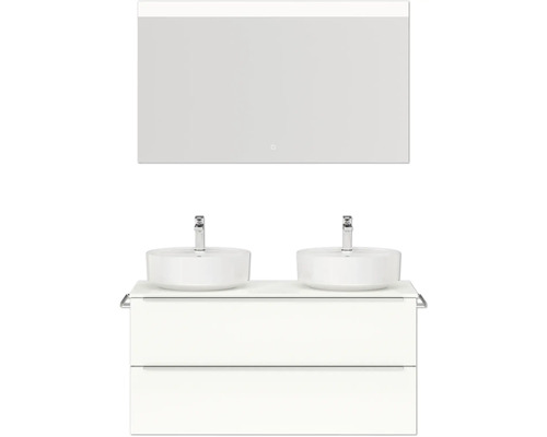 Doppel-Badmöbel-Set NOBILIA Programm 3 BxHxT 121 x 169,1 x 48,7 cm Frontfarbe weiß hochglanz mit Aufsatz-Waschtisch weiß Spiegel mit LED-Beleuchtung Griffleiste chrom matt 554 Doppelwaschtisch mit Unterschrank und Spiegel für das Badezimmer