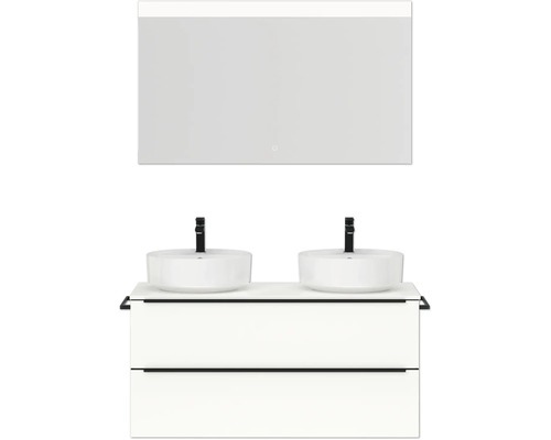 Doppel-Badmöbel-Set NOBILIA Programm 3 BxHxT 121 x 169,1 x 48,7 cm Frontfarbe weiß hochglanz mit Aufsatz-Waschtisch weiß und Spiegel mit LED-Beleuchtung Griffleiste schwarz