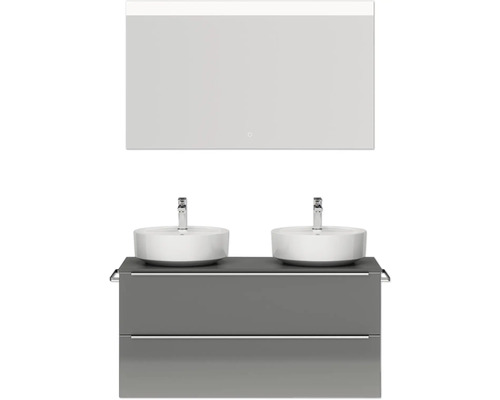 Doppel-Badmöbel-Set NOBILIA Programm 3 BxHxT 121 x 169,1 x 48,7 cm Frontfarbe grau hochglanz mit Aufsatz-Waschtisch weiß Spiegel mit LED-Beleuchtung Griffleiste chrom matt 556