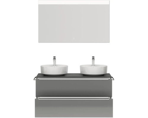Badezimmer-Waschtischkombination mit zwei Aufsatzwaschbecken, Unterschrank und Spiegel mit Beleuchtung