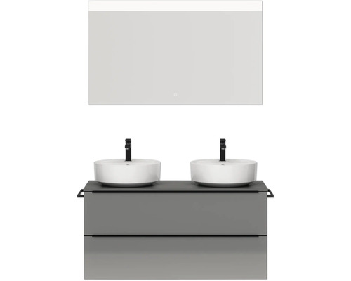 Doppel-Badmöbel-Set NOBILIA Programm 3 BxHxT 121 x 169,1 x 48,7 cm Frontfarbe grau hochglanz mit Aufsatz-Waschtisch weiß und Spiegel mit LED-Beleuchtung Griffleiste schwarz