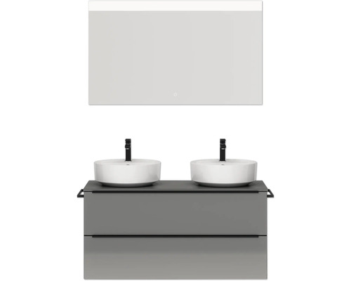 Doppel-Badmöbel-Set NOBILIA Programm 3 BxHxT 121 x 169,1 x 48,7 cm Frontfarbe grau hochglanz mit Aufsatz-Waschtisch weiß und Spiegel mit LED-Beleuchtung Griffleiste schwarz Badezimmermöbel-Set mit Waschbecken, Unterschrank und Spiegel