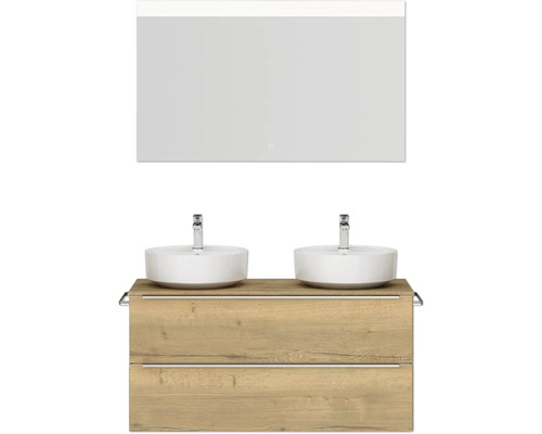 Doppel-Badmöbel-Set NOBILIA Programm 3 BxHxT 121 x 169,1 x 48,7 cm Frontfarbe eiche natur mit Aufsatz-Waschtisch weiß Spiegel mit LED-Beleuchtung Griffleiste chrom matt 558 Badezimmer Waschtischkombination mit zwei Aufsatzwaschbecken und Spiegel