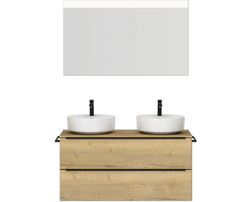 Doppel-Badmöbel-Set NOBILIA Programm 3 BxHxT 121 x 169,1 x 48,7 cm Frontfarbe eiche natur mit Aufsatz-Waschtisch weiß und Spiegel mit LED-Beleuchtung Griffleiste schwarz