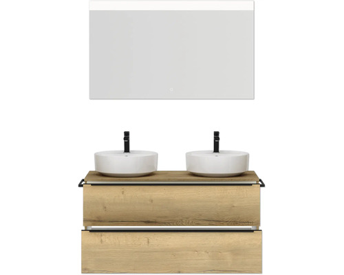 Badezimmermöbel-Set mit Doppelwaschtisch, Waschtischunterschrank und Spiegel