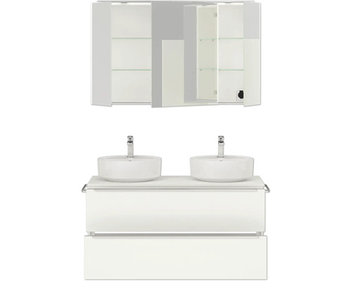 Badezimmer-Set mit Waschtischunterschrank, zwei Waschbecken und Spiegelschrank mit Fächern