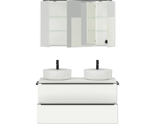 Waschtisch mit zwei Aufsatzwaschbecken und Spiegelschrank