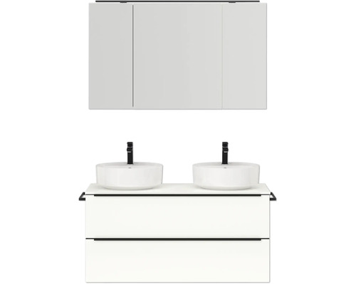 Doppel-Badmöbel-Set NOBILIA Programm 3 BxHxT 121 x 169,1 x 48,7 cm Frontfarbe weiß hochglanz mit Aufsatz-Waschtisch und Spiegelschrank 3-türig mit LED-Beleuchtung Griffleiste schwarz LED-Beleuchtung 563 Badezimmer mit Waschtisch, zwei Waschbecken und Spiegelschrank