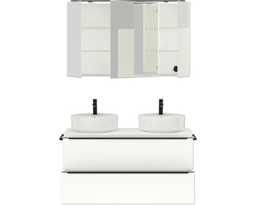 Badezimmerensemble mit Waschtischunterschrank, Aufsatzwaschbecken und Spiegelschrank