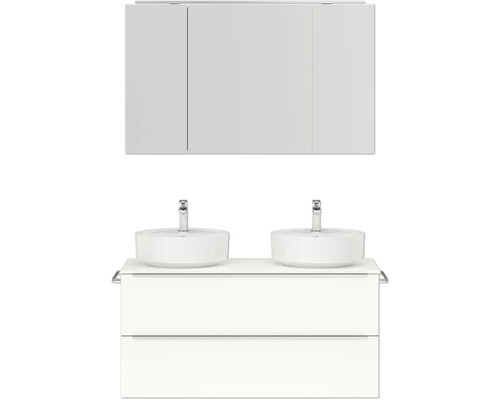 Doppel-Badmöbel-Set NOBILIA Programm 3 BxHxT 121 x 169,1 x 48,7 cm Frontfarbe weiß hochglanz mit Aufsatz-Waschtisch und Spiegelschrank 3-türig mit LED-Beleuchtung Griffleiste chrom matt 562 Doppelwaschtisch mit Waschbecken und Spiegelschrank für das Badezimmer
