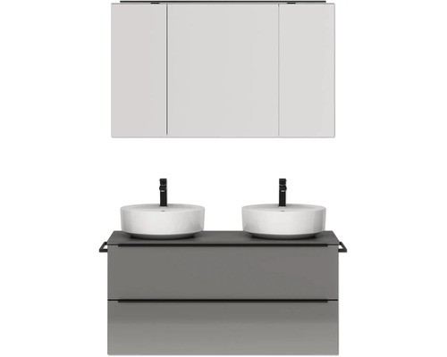 Doppel-Badmöbel-Set NOBILIA Programm 3 BxHxT 121 x 169,1 x 48,7 cm Frontfarbe grau hochglanz mit Aufsatz-Waschtisch und Spiegelschrank 3-türig mit LED-Beleuchtung Griffleiste schwarz 565