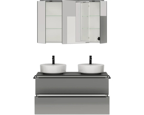 Badezimmer-Set mit Waschtischunterschrank, zwei Aufsatzwaschbecken und Spiegelschrank