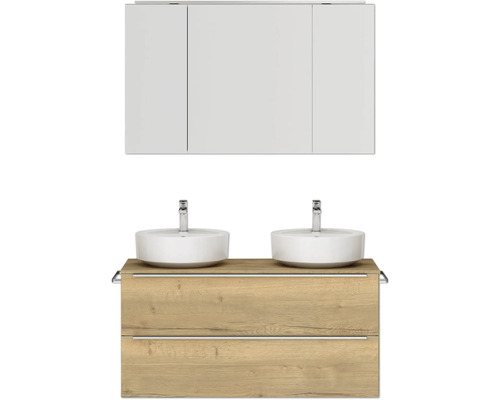 Doppel-Badmöbel-Set NOBILIA Programm 3 BxHxT 121 x 169,1 x 48,7 cm Frontfarbe eiche naturmit Aufsatz-Waschtisch und Spiegelschrank 3-türig mit LED-Beleuchtung Griffleiste chrom matt 566 Badezimmerset mit Waschtischunterschrank, Aufsatzwaschbecken und Spiegelschrank