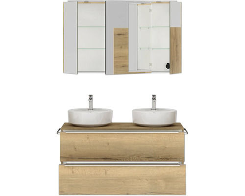 Badezimmermöbelset mit Spiegelschrank, Waschtischunterschrank und zwei Aufsatzwaschbecken