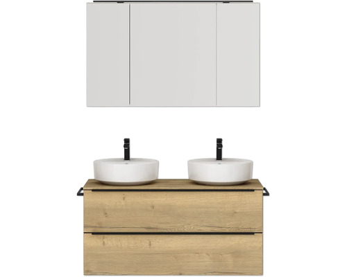 Doppel-Badmöbel-Set NOBILIA Programm 3 BxHxT 121 x 169,1 x 48,7 cm Frontfarbe eiche natur mit Aufsatz-Waschtisch und Spiegelschrank 3-türig mit LED-Beleuchtung Griffleiste schwarz 567 Waschtisch mit zwei Waschbecken, Unterschrank und Spiegelschrank für das Badezimmer