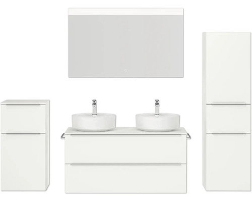Doppel-Badmöbel-Set NOBILIA Programm 3 BxHxT 230 x 169,1 x 48,7 cm Frontfarbe weiß matt mit Aufsatz-Waschtisch weiß und Spiegel mit LED-Beleuchtung Midischrank Unterschrank Griffleiste chrom matt 568 Modernes Badezimmer-Set mit Waschtisch, Spiegel, zwei Aufsatzwaschbecken und zwei Hochschränken