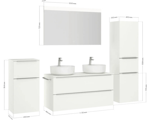 Badezimmerensemble mit Waschtisch, zwei Aufsatzwaschbecken, Spiegel und zwei Hochschränken mit Maßen