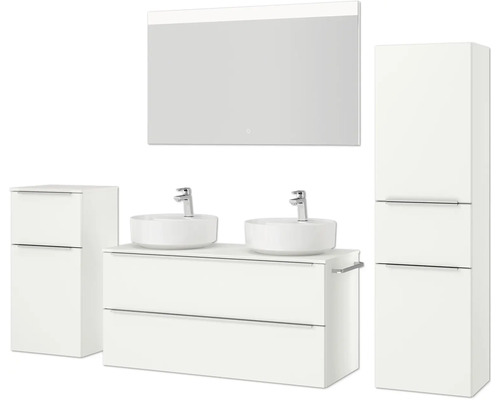 Badezimmerensemble mit Waschtisch, Aufsatzwaschbecken, Spiegelschrank und Hochschrank