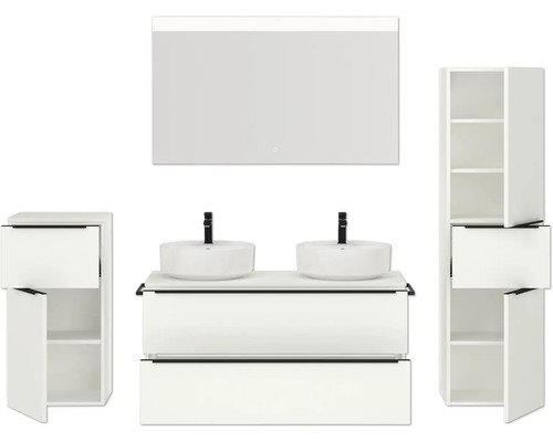 Badezimmer-Set mit Waschtisch, zwei Waschbecken, Spiegelschrank und Hochschränken