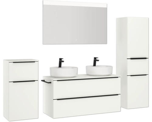 Badezimmerensemble mit Doppelwaschtisch, Spiegelschrank und Hochschrank